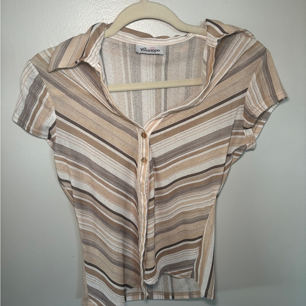 YOINS Beige and Brown Striped Button Down Shirt